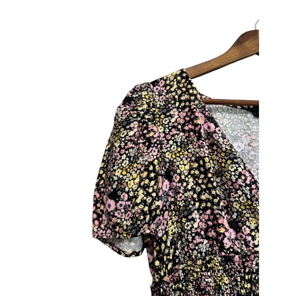 Wild Fable Floral Mini Dress Womens Medium Black Pink Smocked Waist Puff Sleeve - Picture 2 of 7